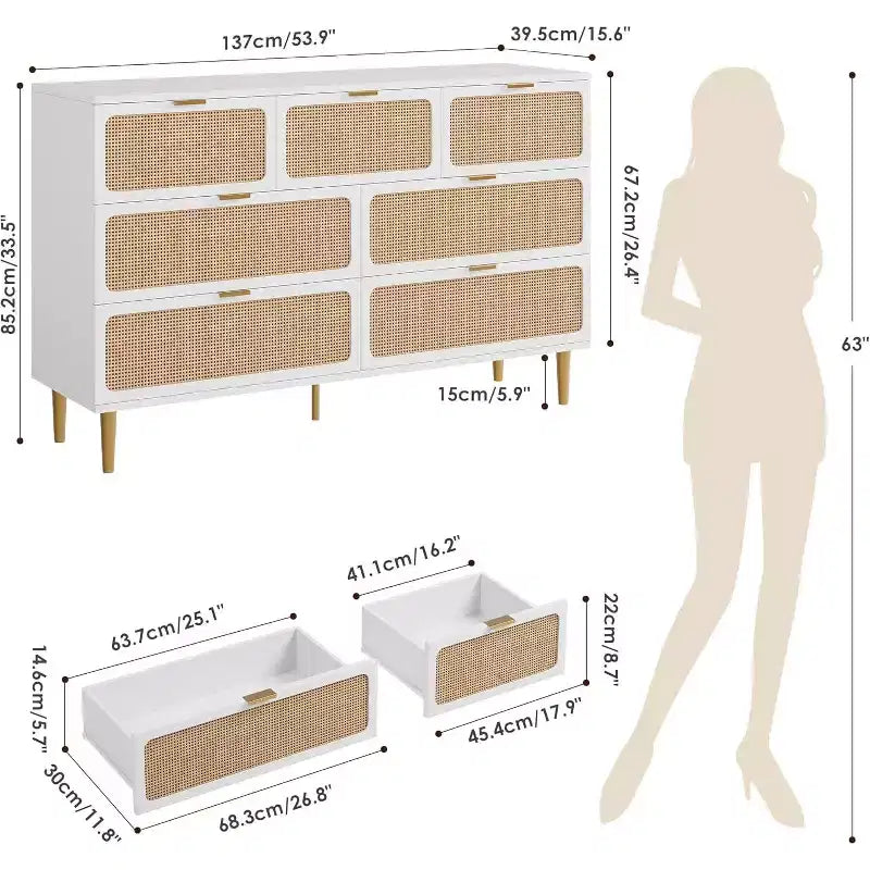Commode à 7 tiroirs en rotin pour chambre à coucher, commode haute avec tiroirs profonds