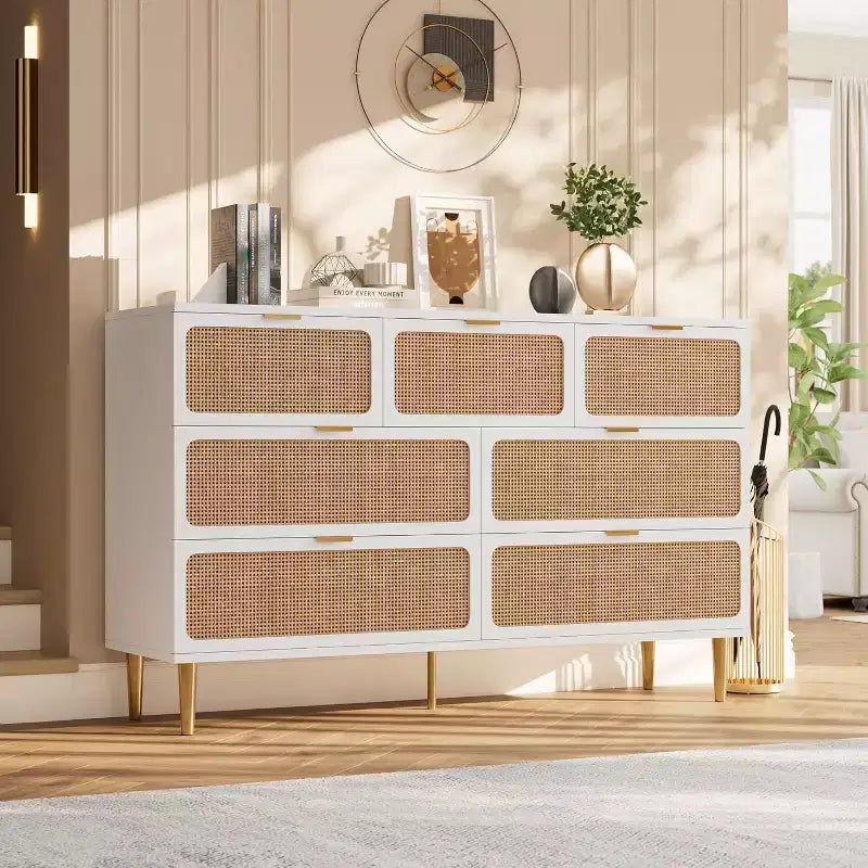 Commode à 7 tiroirs en rotin pour chambre à coucher, commode haute avec tiroirs profonds