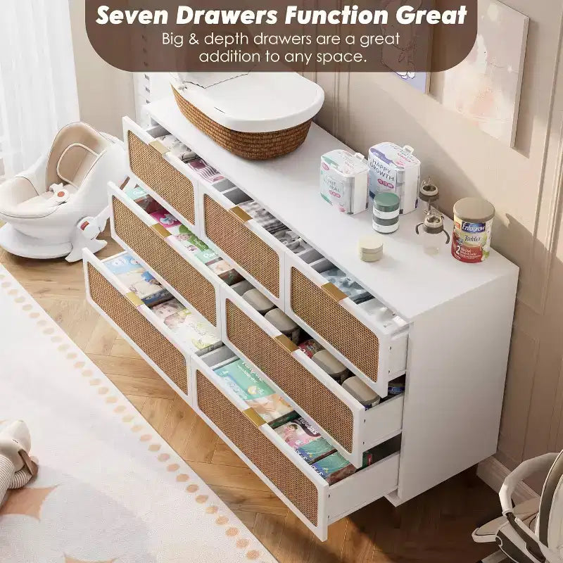 Commode à 7 tiroirs en rotin pour chambre à coucher, commode haute avec tiroirs profonds