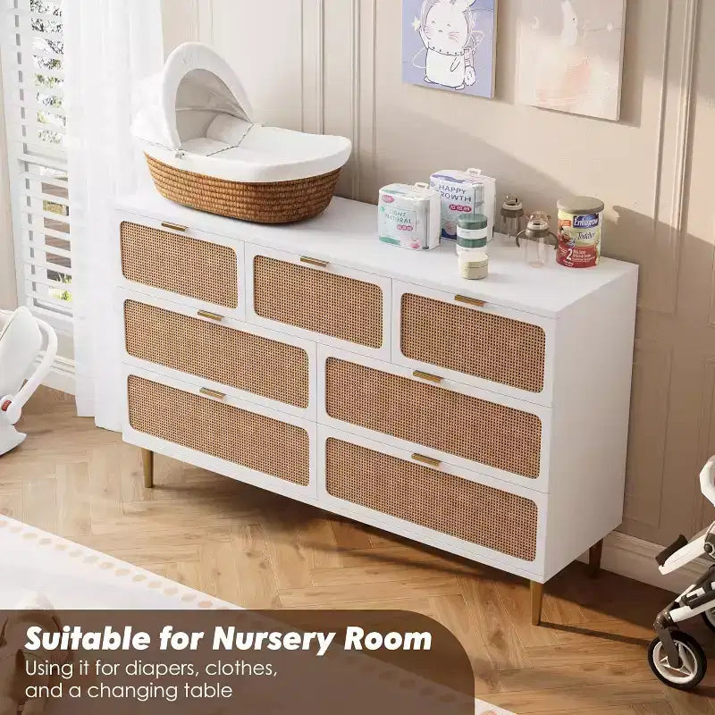 Commode à 7 tiroirs en rotin pour chambre à coucher, commode haute avec tiroirs profonds