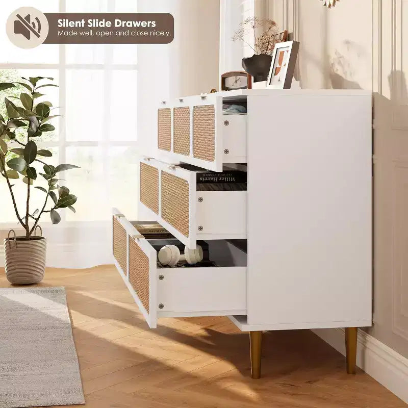 Commode à 7 tiroirs en rotin pour chambre à coucher, commode haute avec tiroirs profonds