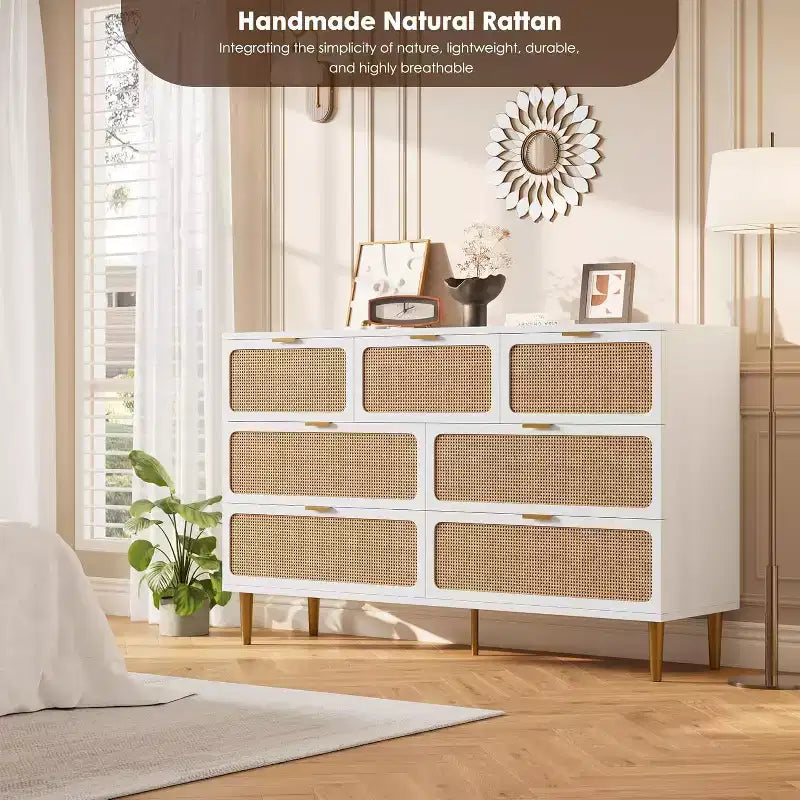 Commode à 7 tiroirs en rotin pour chambre à coucher, commode haute avec tiroirs profonds