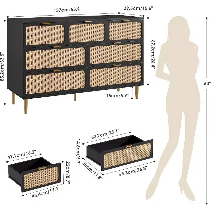 Commode à 7 tiroirs en rotin pour chambre à coucher, commode haute avec tiroirs profonds