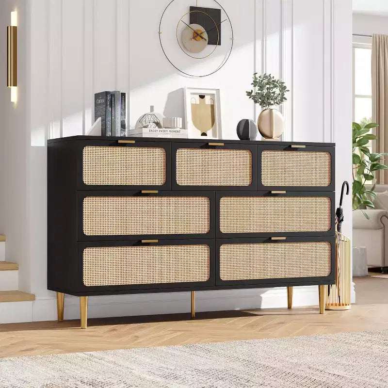 Commode à 7 tiroirs en rotin pour chambre à coucher, commode haute avec tiroirs profonds