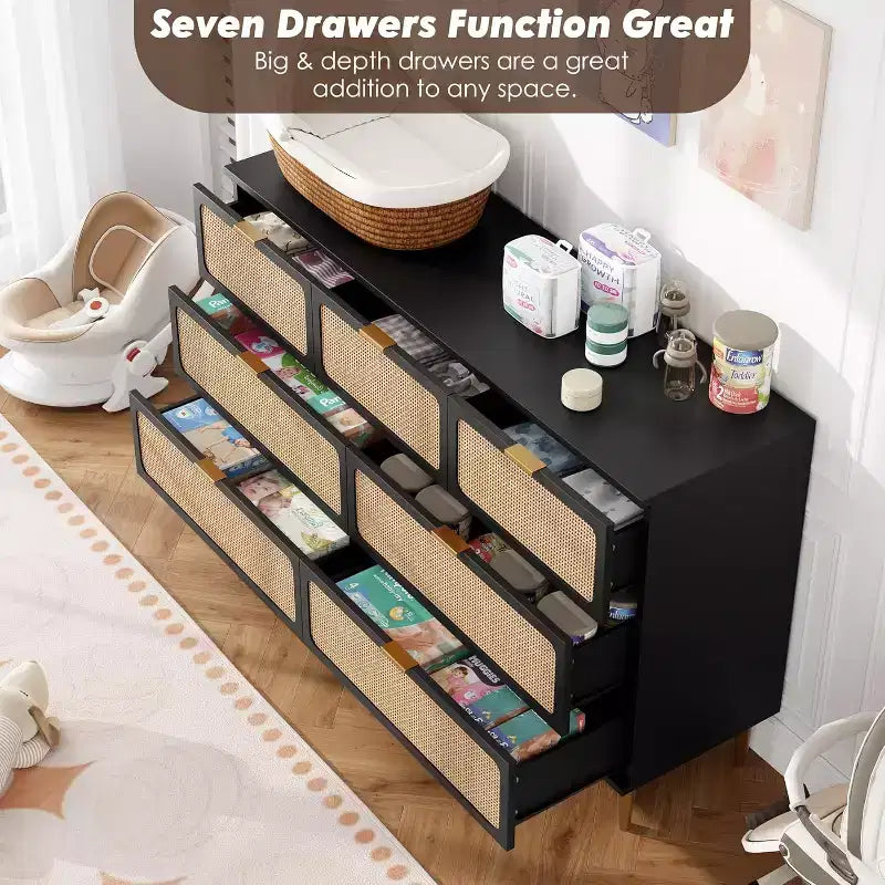 Commode à 7 tiroirs en rotin pour chambre à coucher, commode haute avec tiroirs profonds