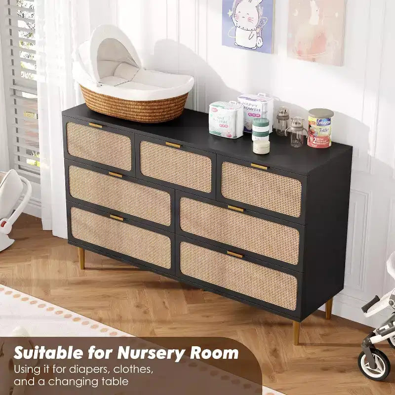 Commode à 7 tiroirs en rotin pour chambre à coucher, commode haute avec tiroirs profonds