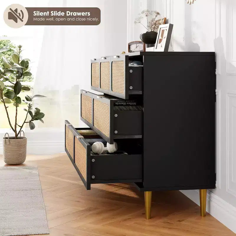 Commode à 7 tiroirs en rotin pour chambre à coucher, commode haute avec tiroirs profonds