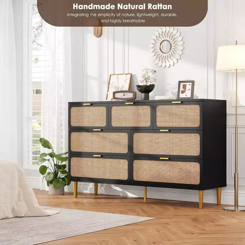 Commode à 7 tiroirs en rotin pour chambre à coucher, commode haute avec tiroirs profonds