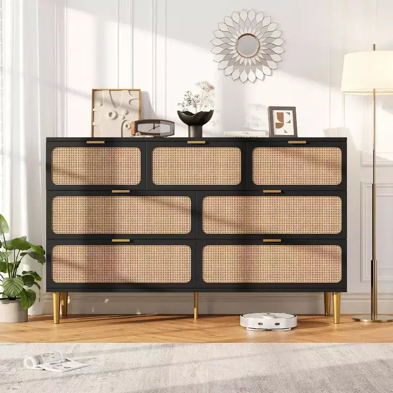 Rattan 7 Drawer Dressers for Bedroom, Tall Dresser with Deep Drawers, Large Chest of Drawers for Closet with Wide Top, Long Wooden Dresser