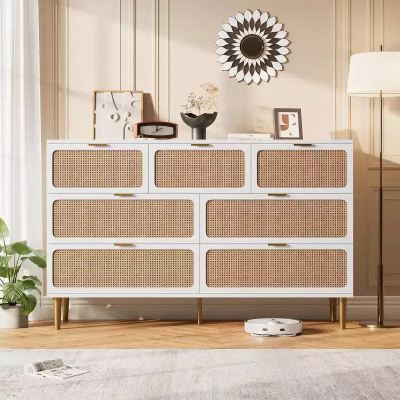 Commode à 7 tiroirs en rotin pour chambre à coucher, commode haute avec tiroirs profonds