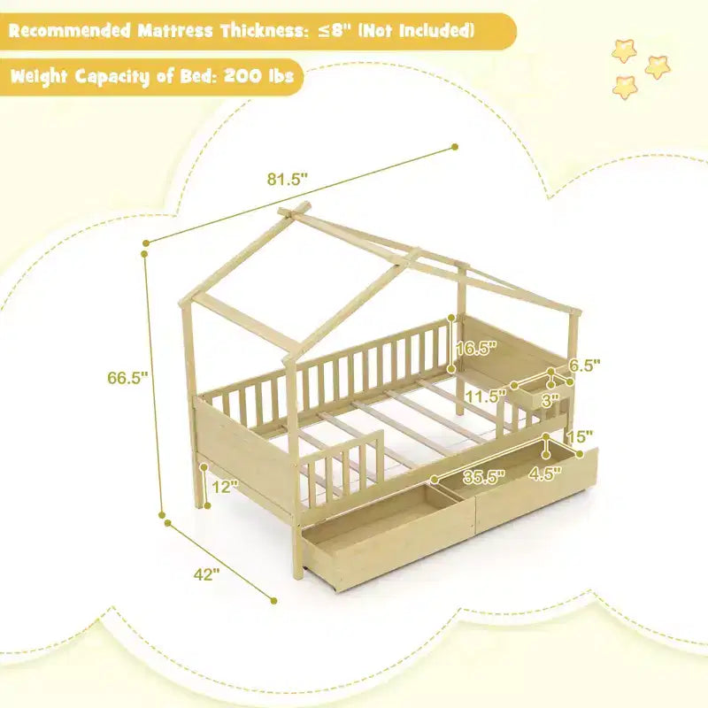 Lit jumeau cabane avec 2 tiroirs de rangement, toit, barrières, tête et pied de lit