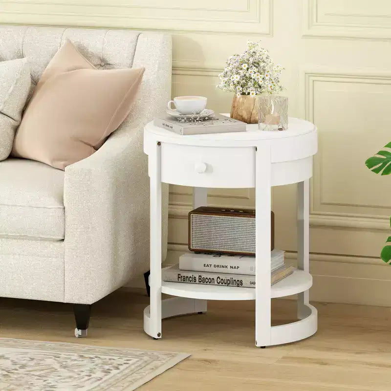Table de chevet à 2 niveaux avec étagère et tiroir en bois veiné rond blanc/marron
