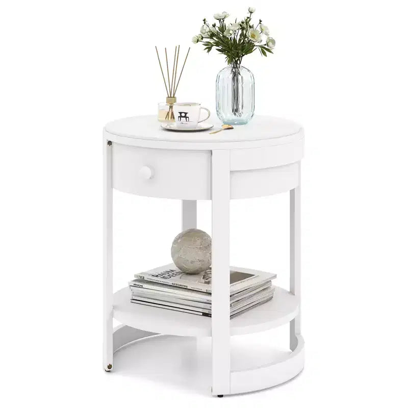 Table de chevet à 2 niveaux avec étagère et tiroir en bois veiné rond blanc/marron