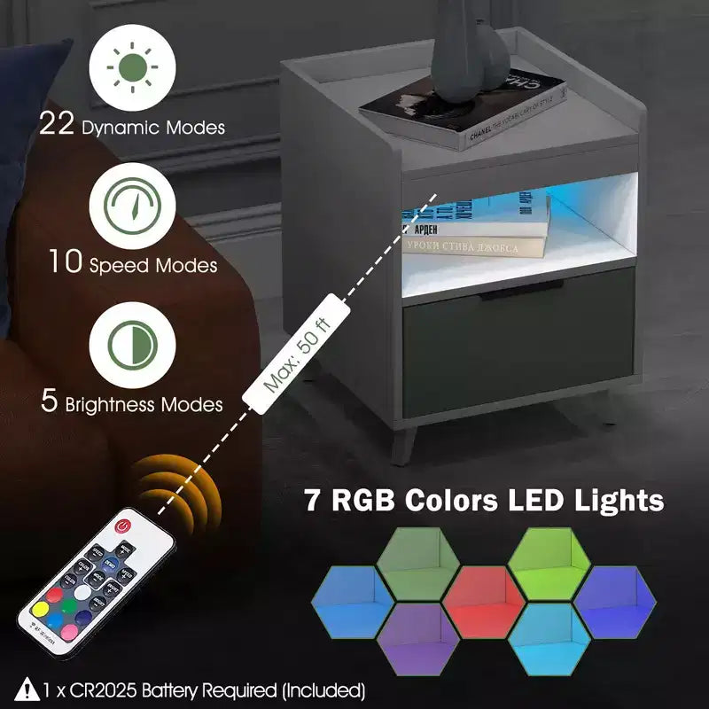 Table de Chevet Moderne avec Lumières LED, Compartiment Ouvert et Tiroir