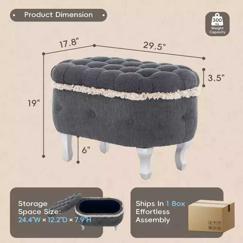 Banc de rangement capitonné en velours côtelé moderne avec compartiment caché