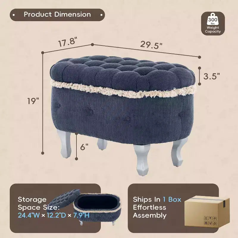 Banc de rangement capitonné en velours côtelé moderne avec compartiment caché