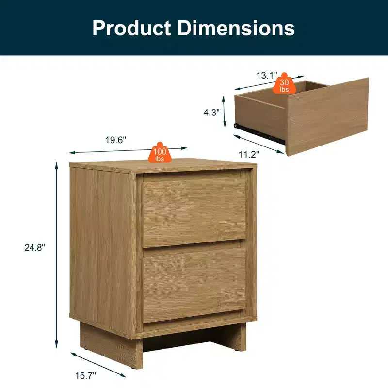 Commode à 2 tiroirs, commode moderne en bois avec bords nets