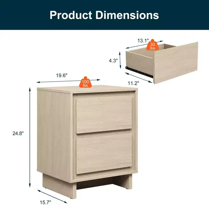 Commode à 2 tiroirs, commode moderne en bois avec bords nets
