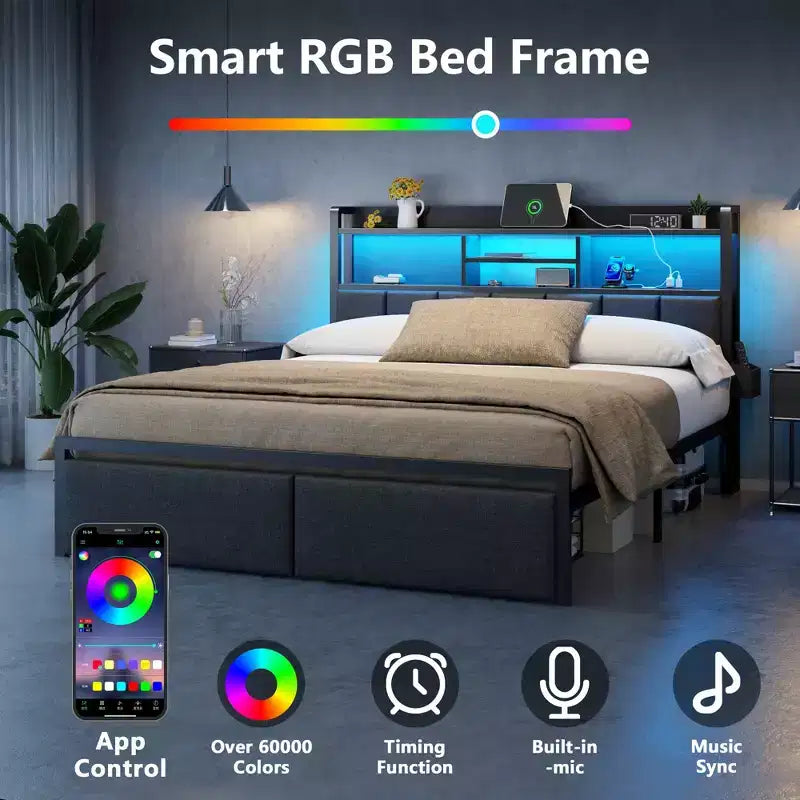Cadre de lit Queen moderne avec station de charge et lumières LED