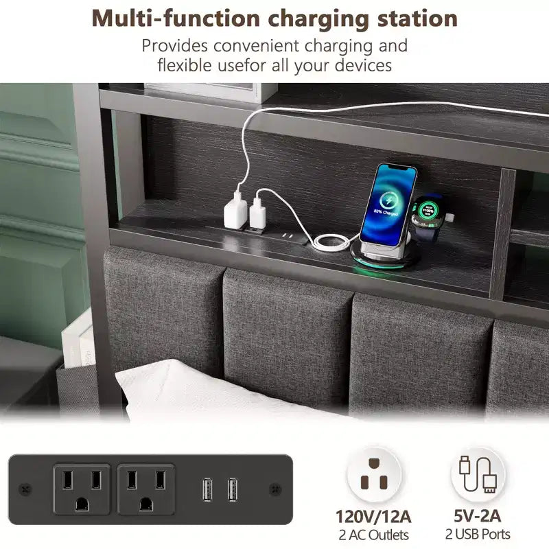 Cadre de lit Queen moderne avec station de charge et lumières LED