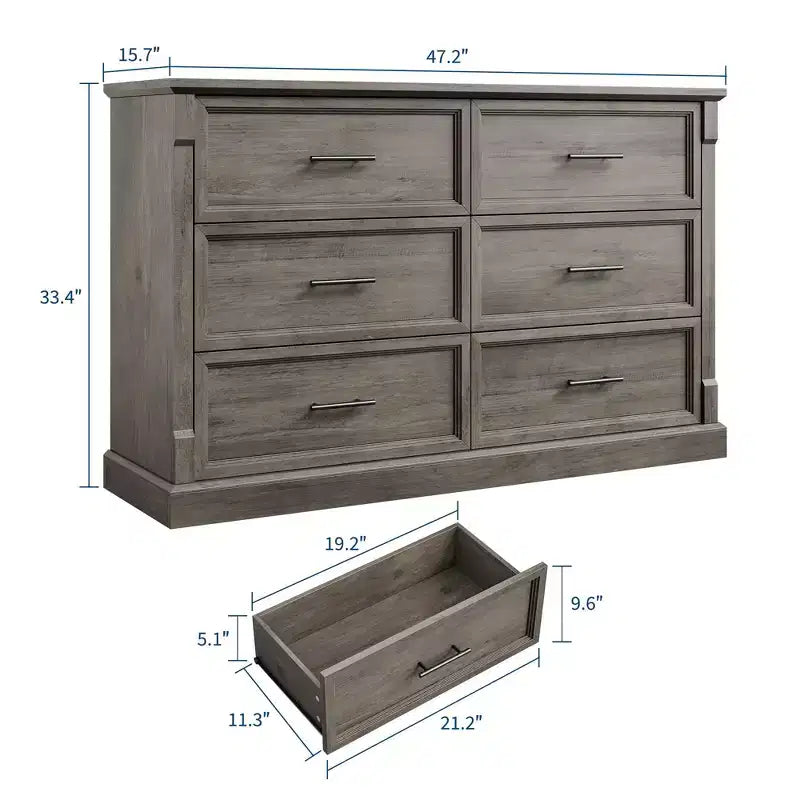 Commode de chambre marron à 6 tiroirs, grande commode double de style fermier
