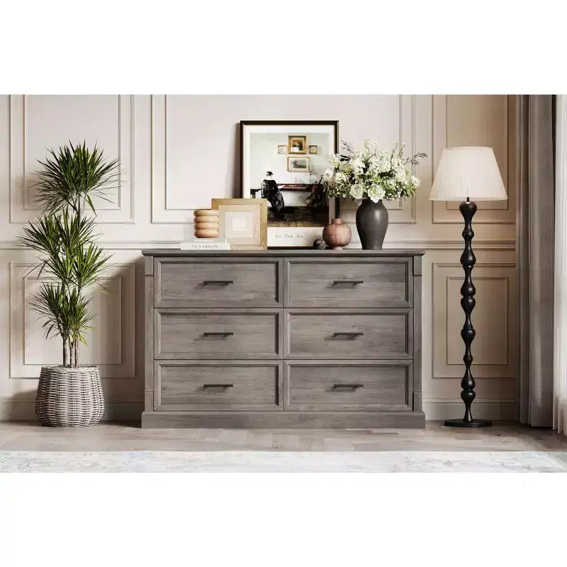 Commode de chambre marron à 6 tiroirs, grande commode double de style fermier