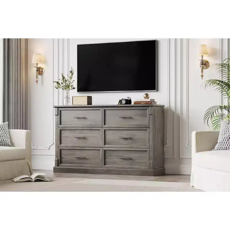 Commode de chambre marron à 6 tiroirs, grande commode double de style fermier