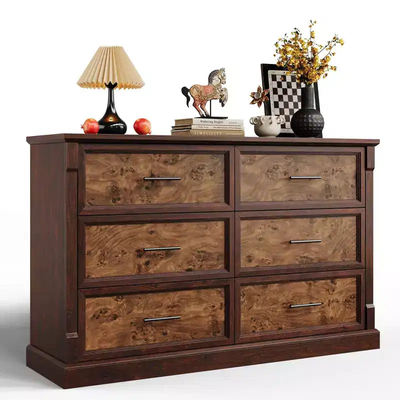 Commode de chambre marron à 6 tiroirs, grande commode double de style fermier