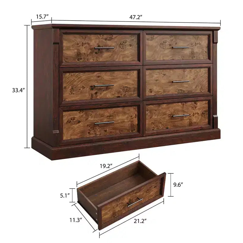 Commode de chambre marron à 6 tiroirs, grande commode double de style fermier