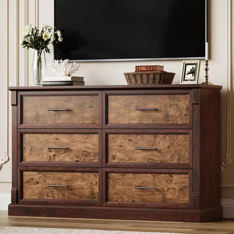 Commode de chambre marron à 6 tiroirs, grande commode double de style fermier