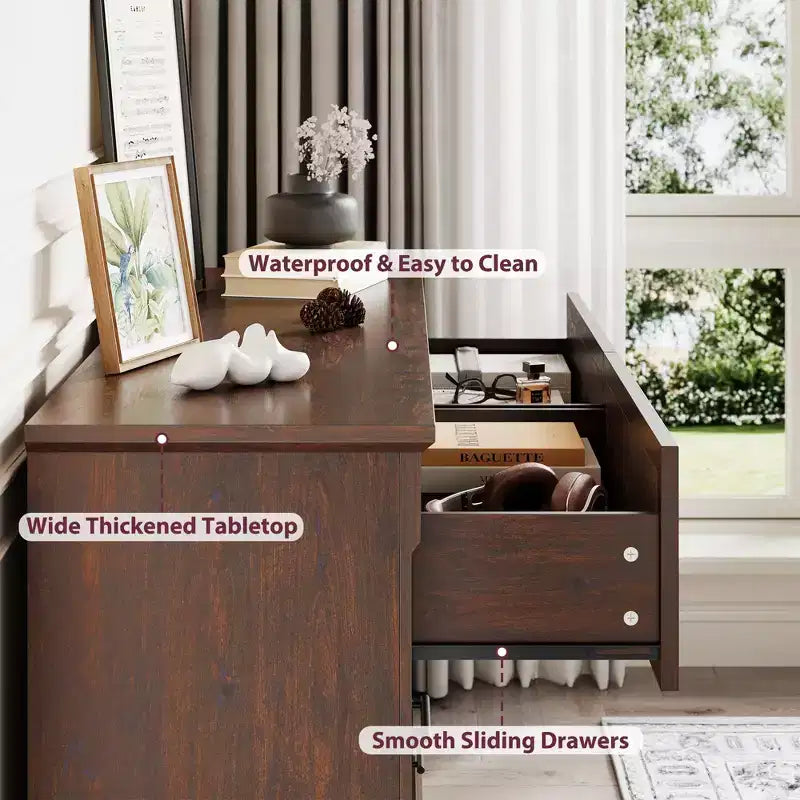 Commode de chambre marron à 6 tiroirs, grande commode double de style fermier