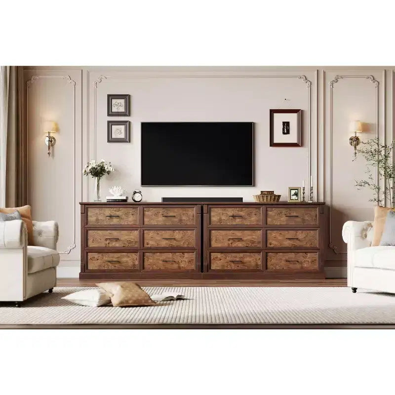Commode de chambre marron à 6 tiroirs, grande commode double de style fermier