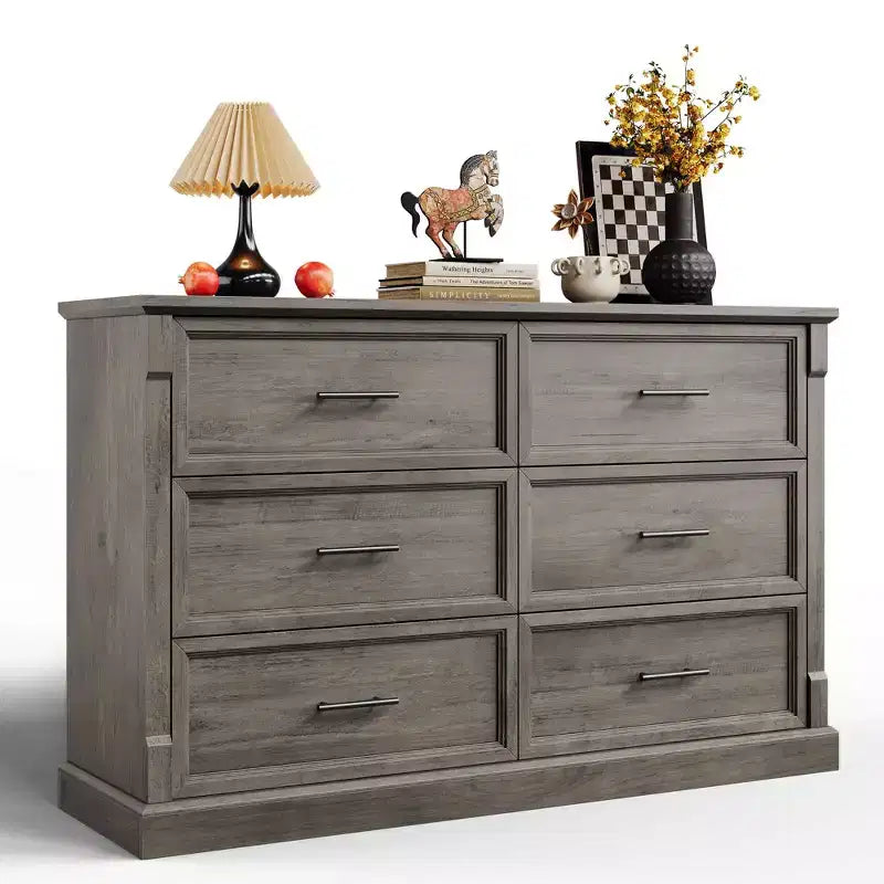 Commode de chambre marron à 6 tiroirs, grande commode double de style fermier