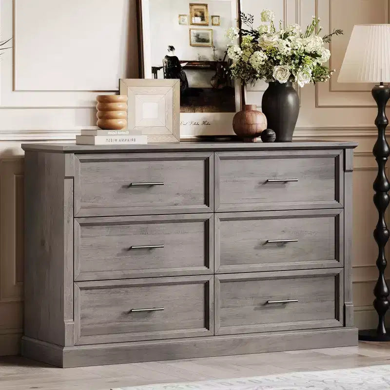 Commode de chambre marron à 6 tiroirs, grande commode double de style fermier