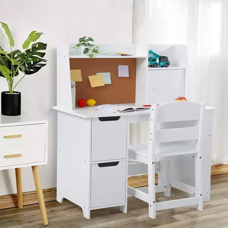 Kids Desk and Chair Set with Hutch, Wooden Study Table with Bookshelf, Storage & Cork Board, Children's Writing Desk for Home School, White