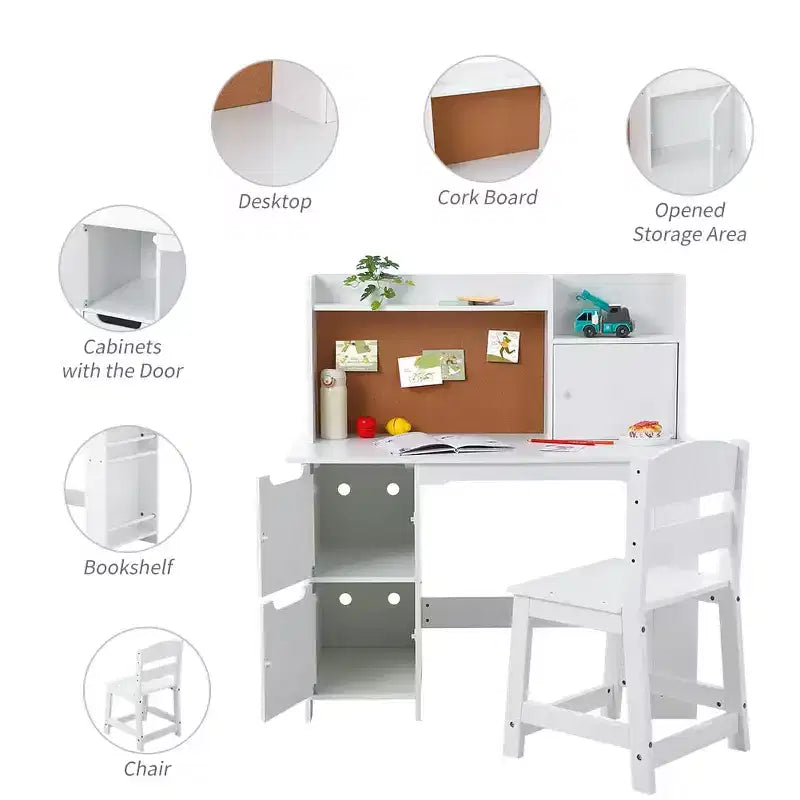 Bureau d'enfant, table d'étude en bois avec étagère à livres
