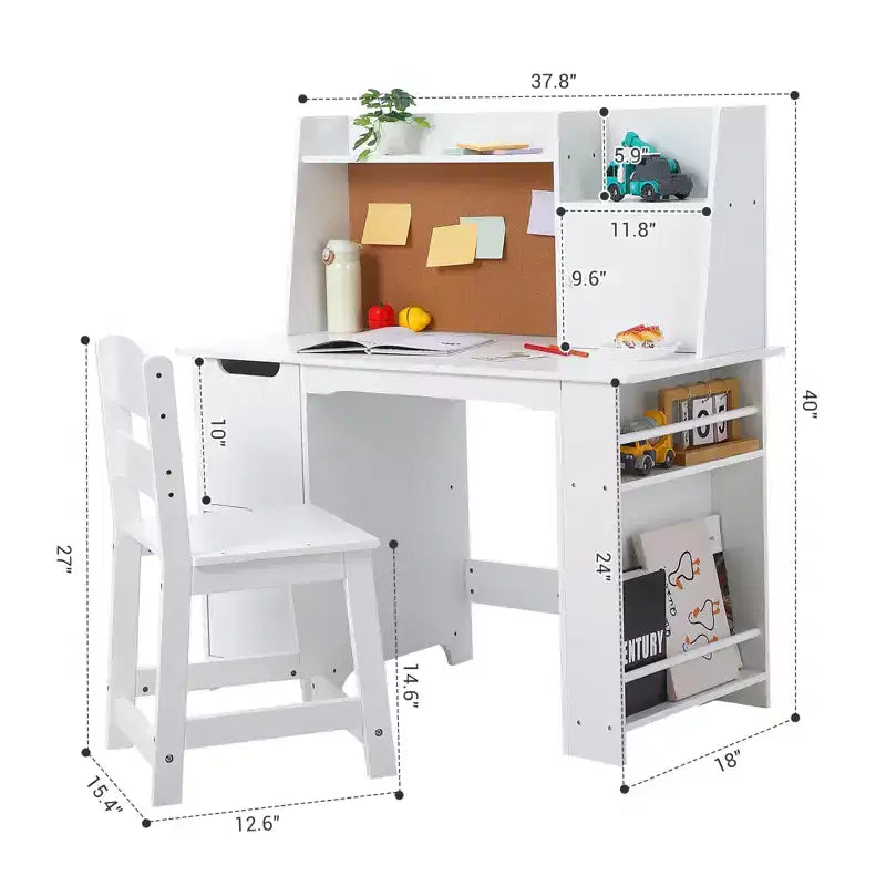 Bureau d'enfant, table d'étude en bois avec étagère à livres