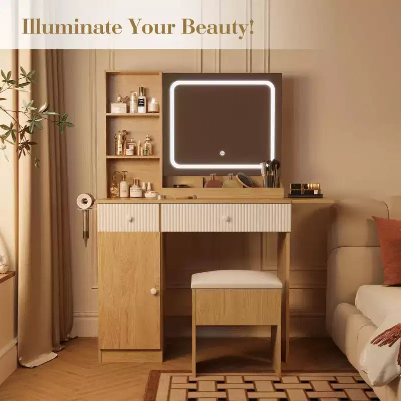 Coiffeuse, Table de Maquillage Compacte pour Chambre, Bois Naturel