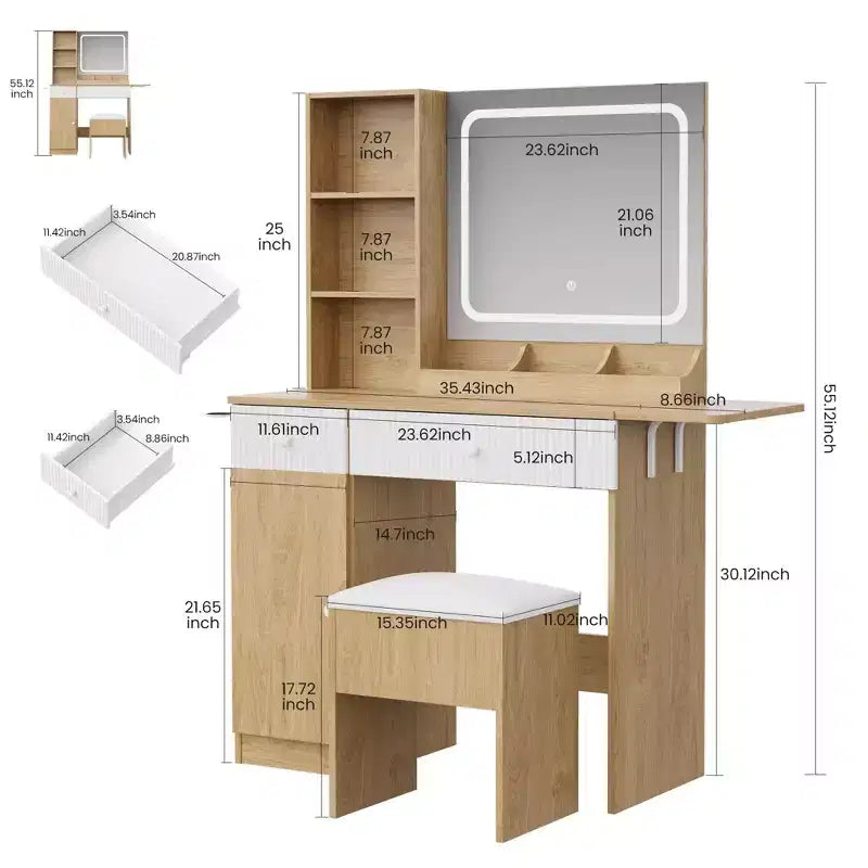 Coiffeuse, Table de Maquillage Compacte pour Chambre, Bois Naturel