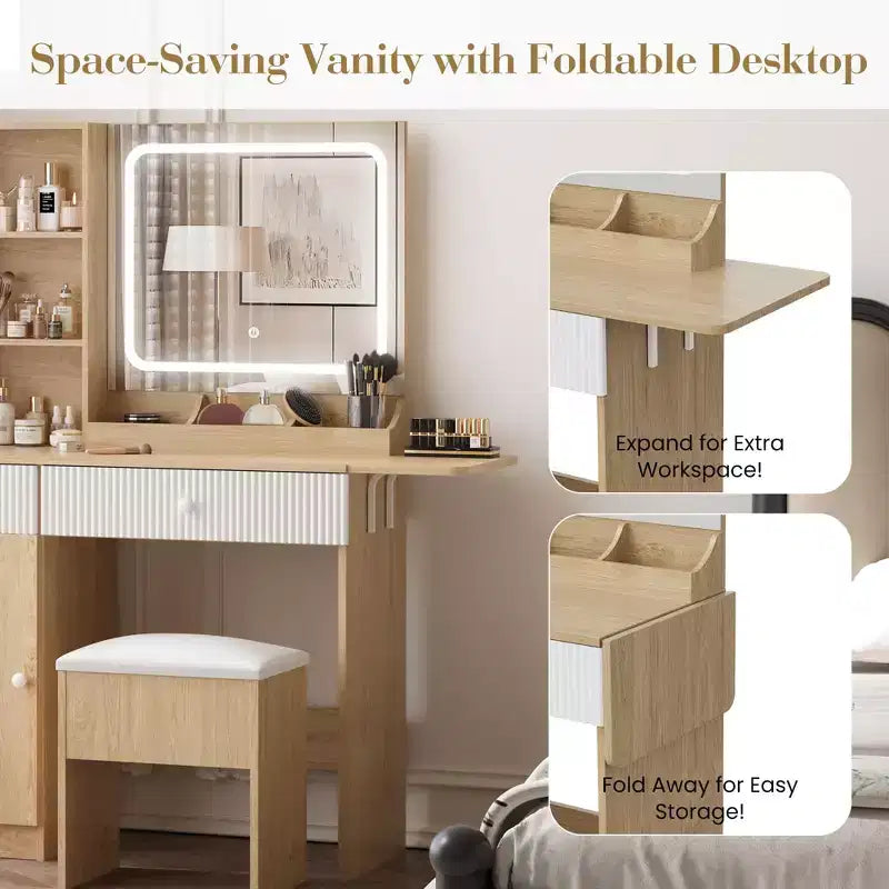Coiffeuse, Table de Maquillage Compacte pour Chambre, Bois Naturel