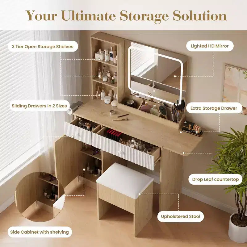 Coiffeuse, Table de Maquillage Compacte pour Chambre, Bois Naturel