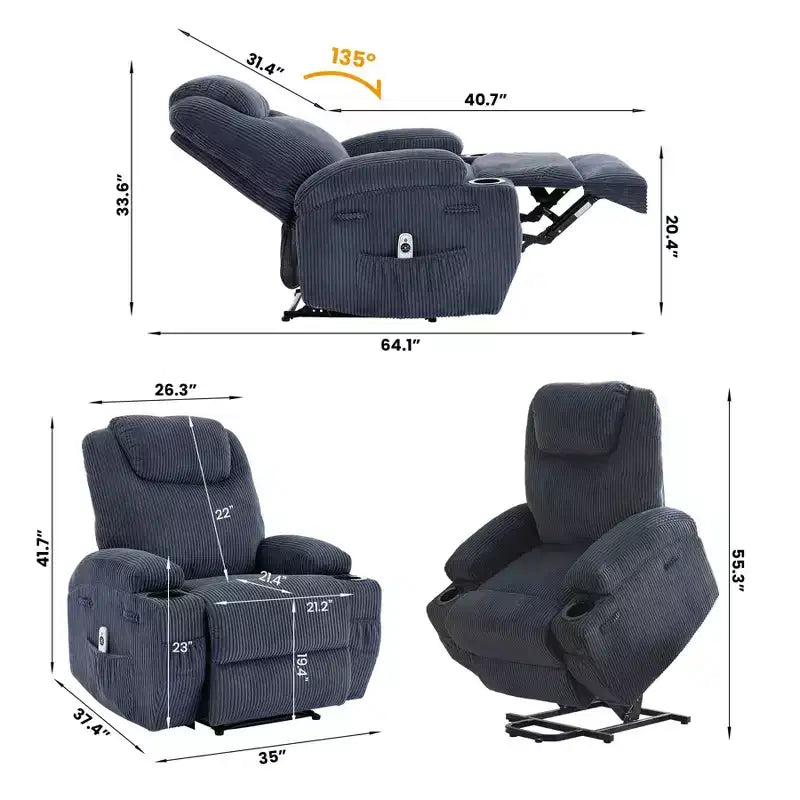 Fauteuil inclinable électrique avec massage et chaleur, canapé en velours côtelé réglable à 155°