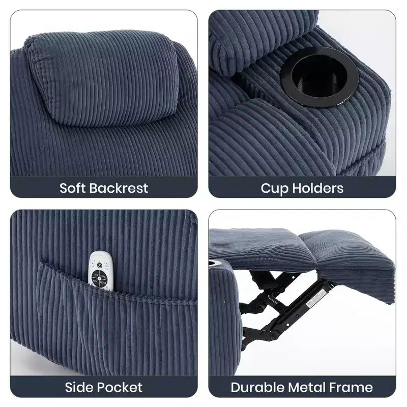 Fauteuil inclinable électrique avec massage et chaleur, canapé en velours côtelé réglable à 155°