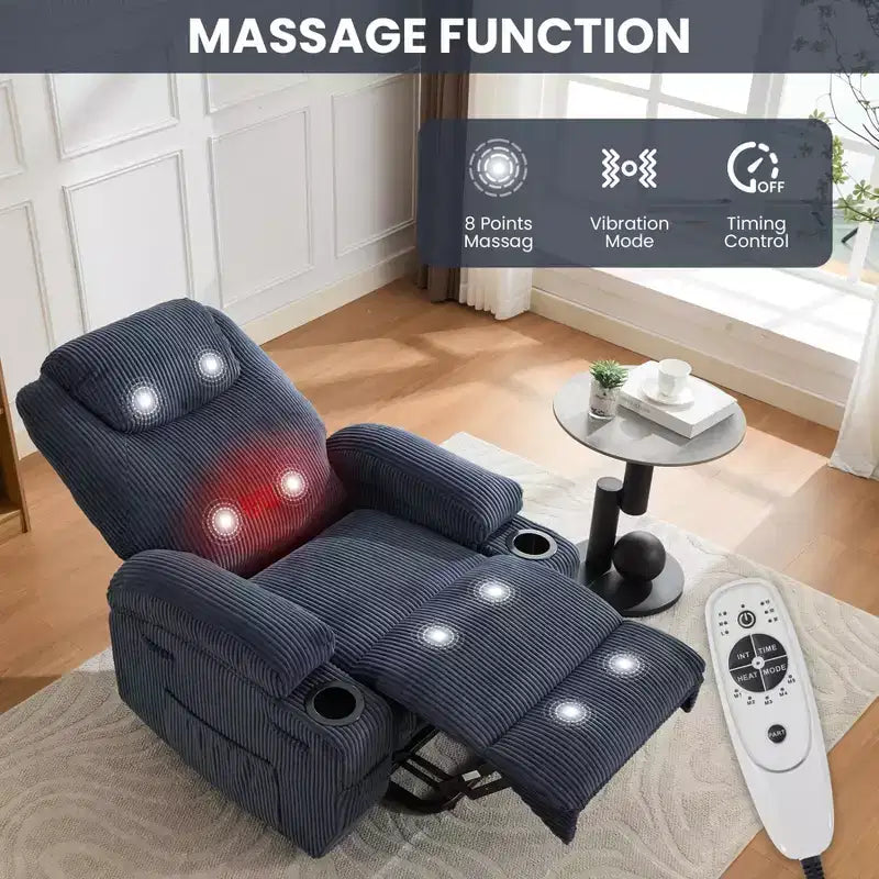 Fauteuil inclinable électrique avec massage et chaleur, canapé en velours côtelé réglable à 155°
