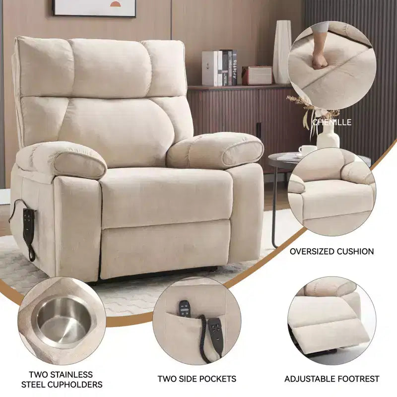 Fauteuil de relaxation motorisé infini en chenille beige avec fonction massage et chauffage