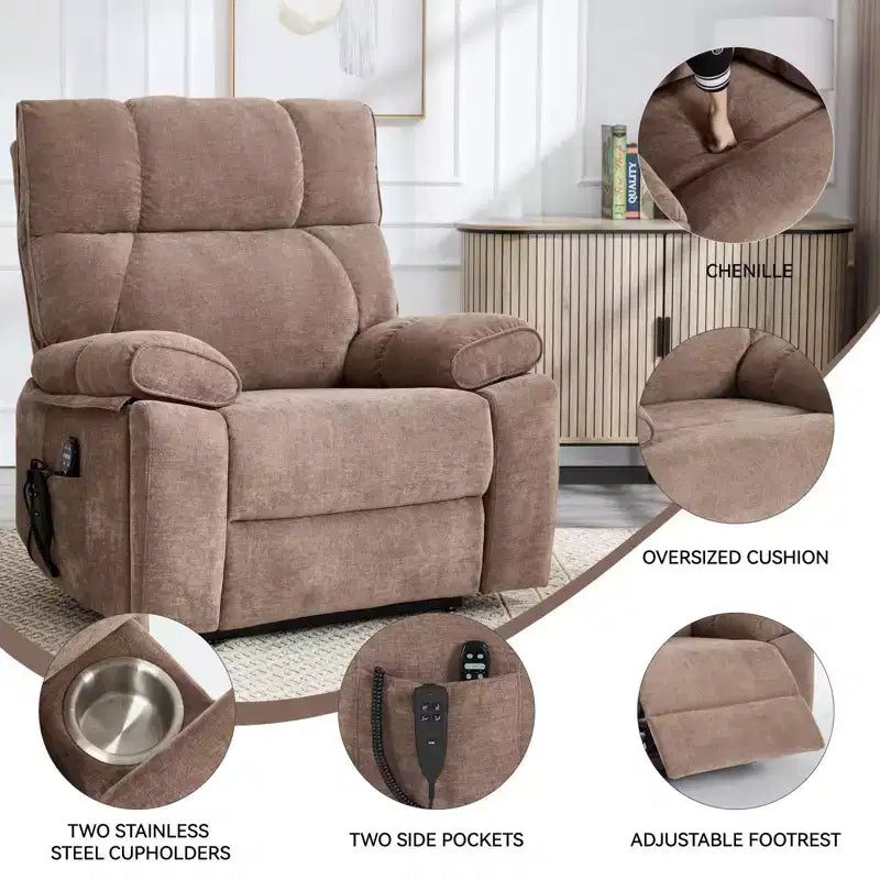 Fauteuil de relaxation motorisé infini en chenille beige avec fonction massage et chauffage