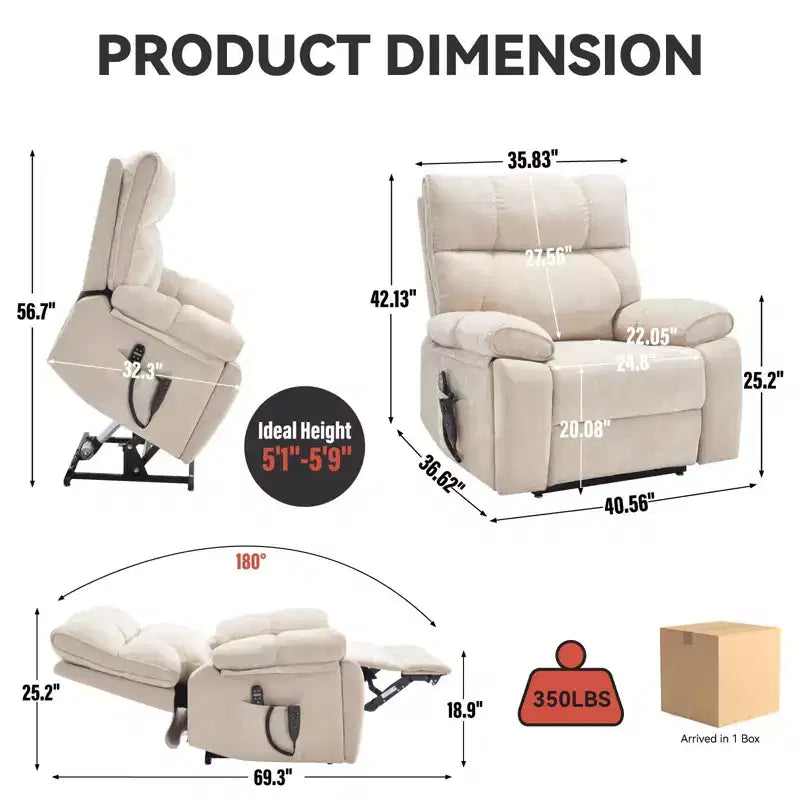 Fauteuil de relaxation motorisé infini en chenille beige avec fonction massage et chauffage