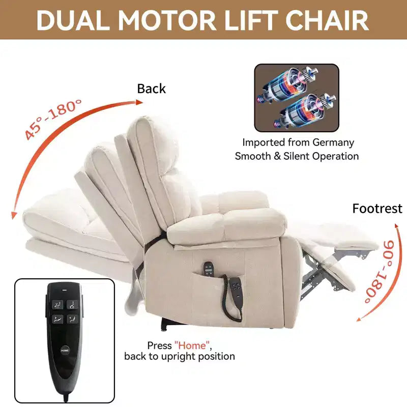 Fauteuil de relaxation motorisé infini en chenille beige avec fonction massage et chauffage
