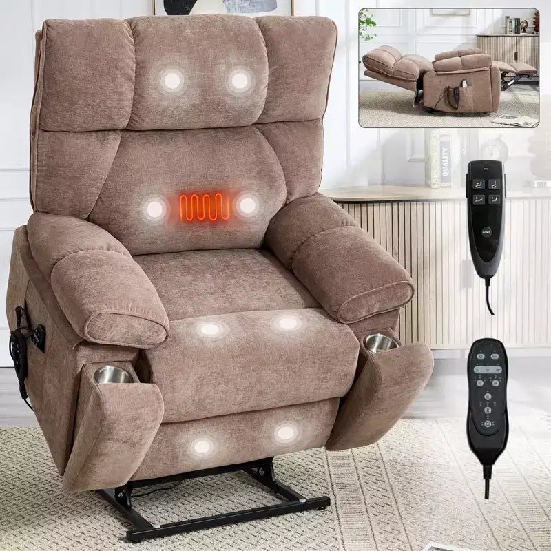 Fauteuil de relaxation motorisé infini en chenille beige avec fonction massage et chauffage