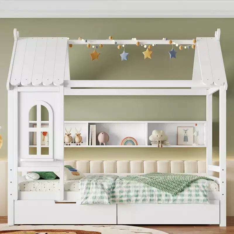 Lit plateforme en bois massif avec tiroirs de rangement et étagères, modèle « Maison » pour matelas jumeau ou double
